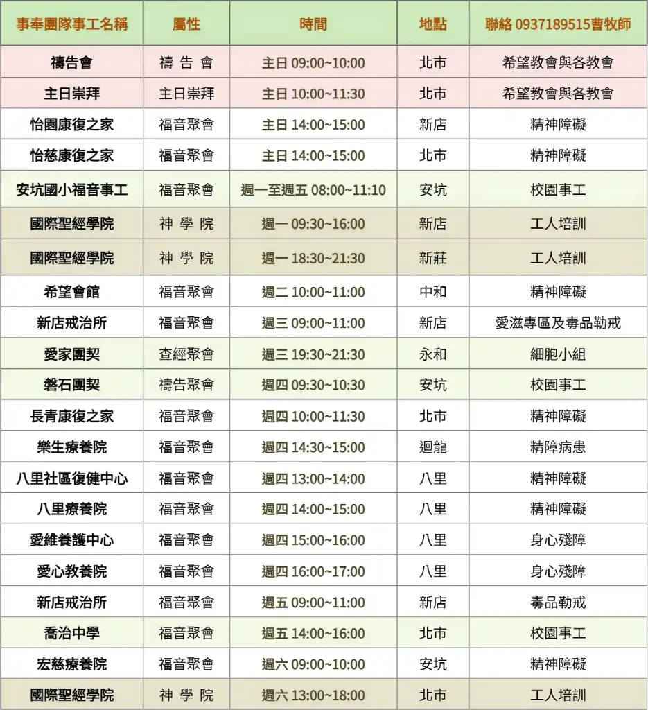每週事奉表